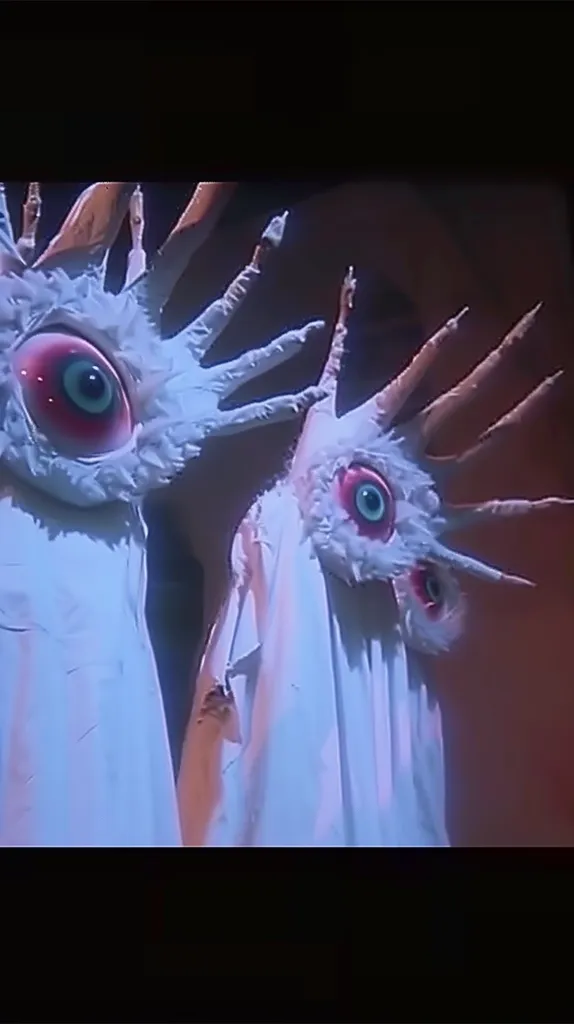 Two figures, seemingly made of white cloth, stand against a blurred background. Each has several long, spindly limbs, ending in sharp points. Large, fleshy eyes, red and blue, are visible on each figure, giving an unsettling and somewhat grotesque appearance. The figures are partially draped in white, creating a ghostly and unsettling effect. The image is suggestive of a surreal and possibly nightmarish scene.