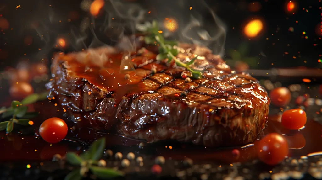 A perfectly cooked steak, glistening with juices and drizzled with a rich sauce, sits on a plate surrounded by cherry tomatoes. The steak is still steaming, with small droplets of liquid flying off as it cools. The background is blurred, suggesting a smoky, rustic setting. The image exudes a sense of warmth, indulgence, and culinary delight.
