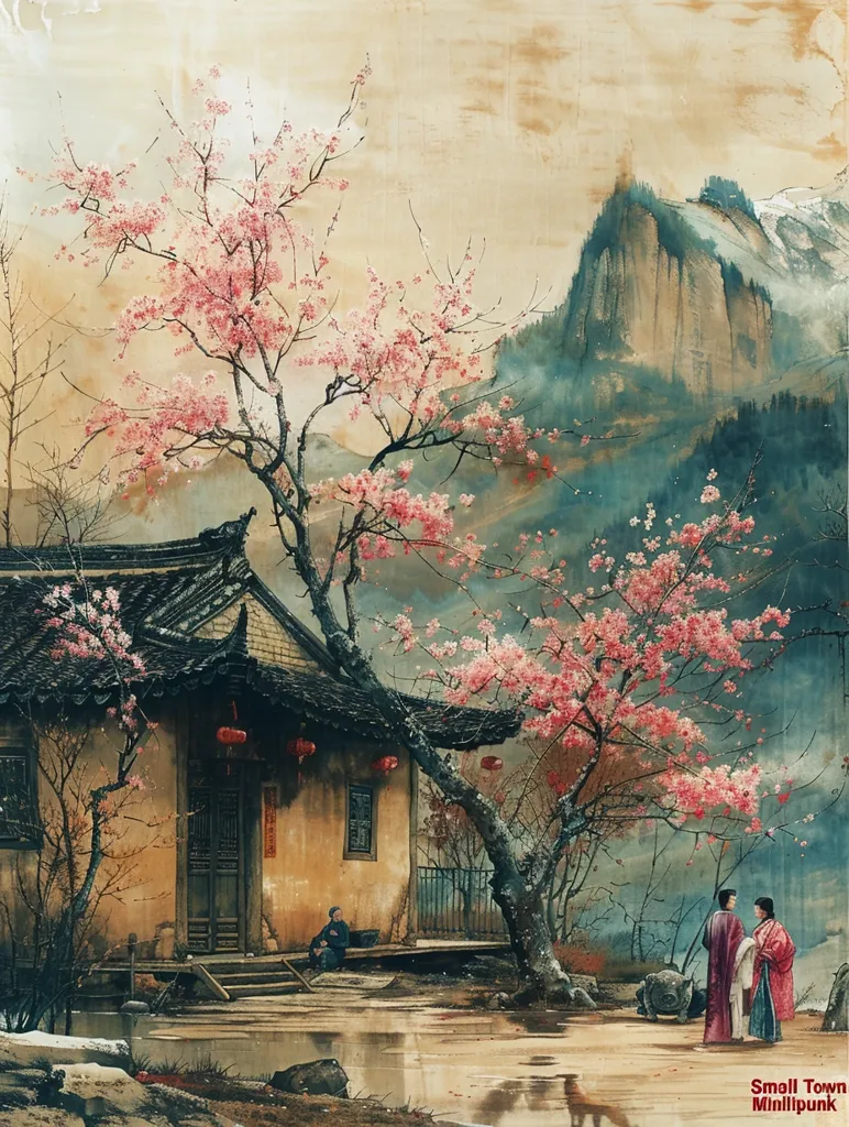A traditional Chinese house with a black roof and red lanterns sits beneath a blossoming cherry tree. The house is surrounded by a pond reflecting the cloudy sky. A couple of figures stand in the foreground, observing the scene. In the distance, a mountain peak rises up from a misty, forested valley. The artwork is painted in a delicate and stylized manner, evoking a sense of peace and serenity.