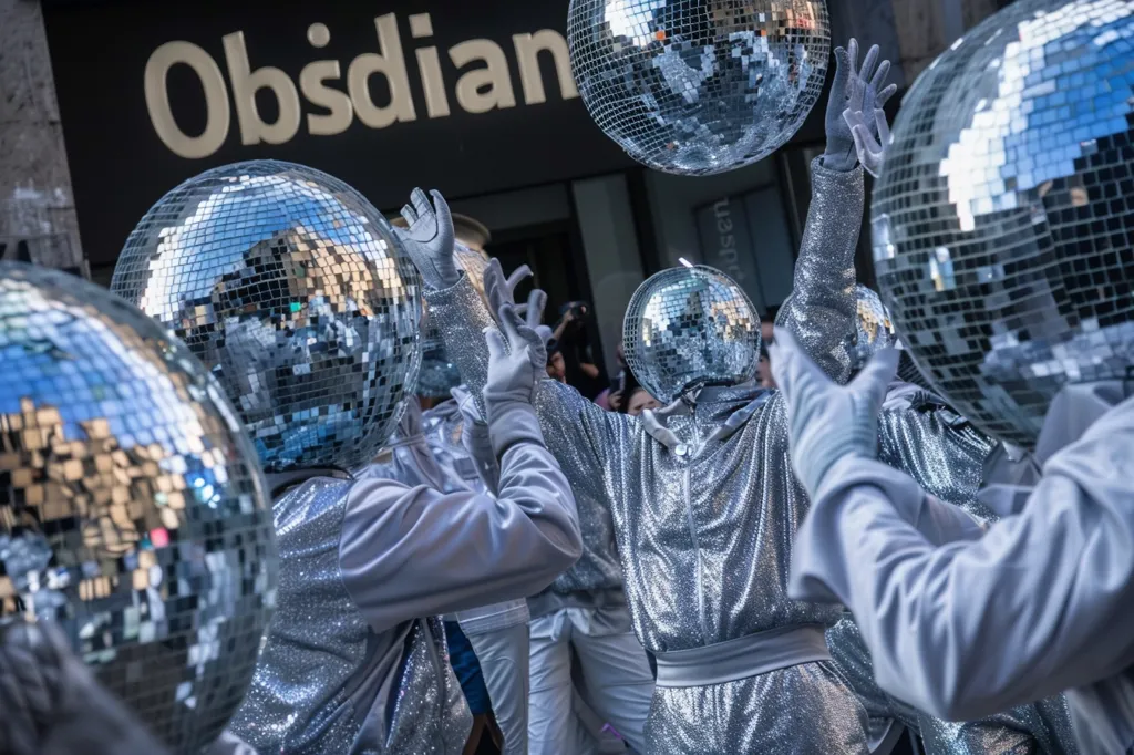 Four people are dressed in silver, disco-ball inspired costumes. They are holding their hands in the air, as if dancing. They are standing in front of a building with the word "Obsidian" on it. The costumes are covered in small, mirrored squares, reflecting the surrounding environment.