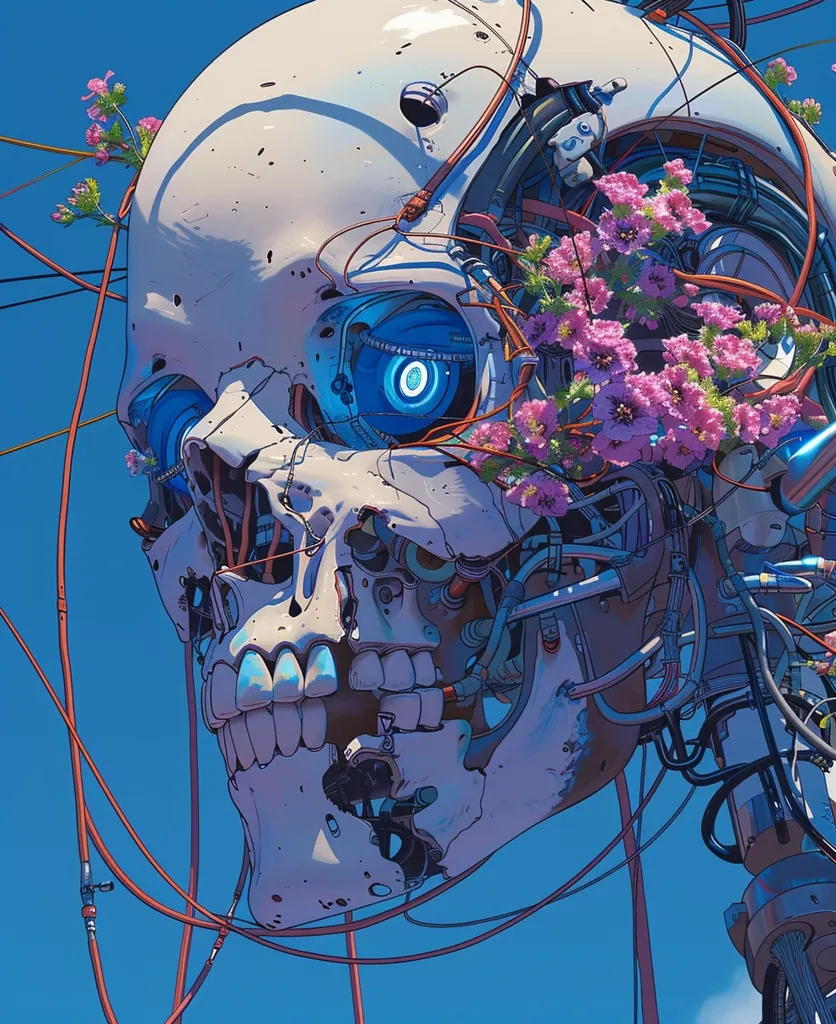 A large, mechanical skull with exposed wires and gears hangs in the sky. The skull is a pale white, and its teeth are sharp and white. A cluster of pink flowers grows out of the top of the skull, adding a touch of beauty and fragility to the otherwise mechanical image. The sky is a bright blue, creating a stark contrast to the skull. The image has an eerie, otherworldly feel.