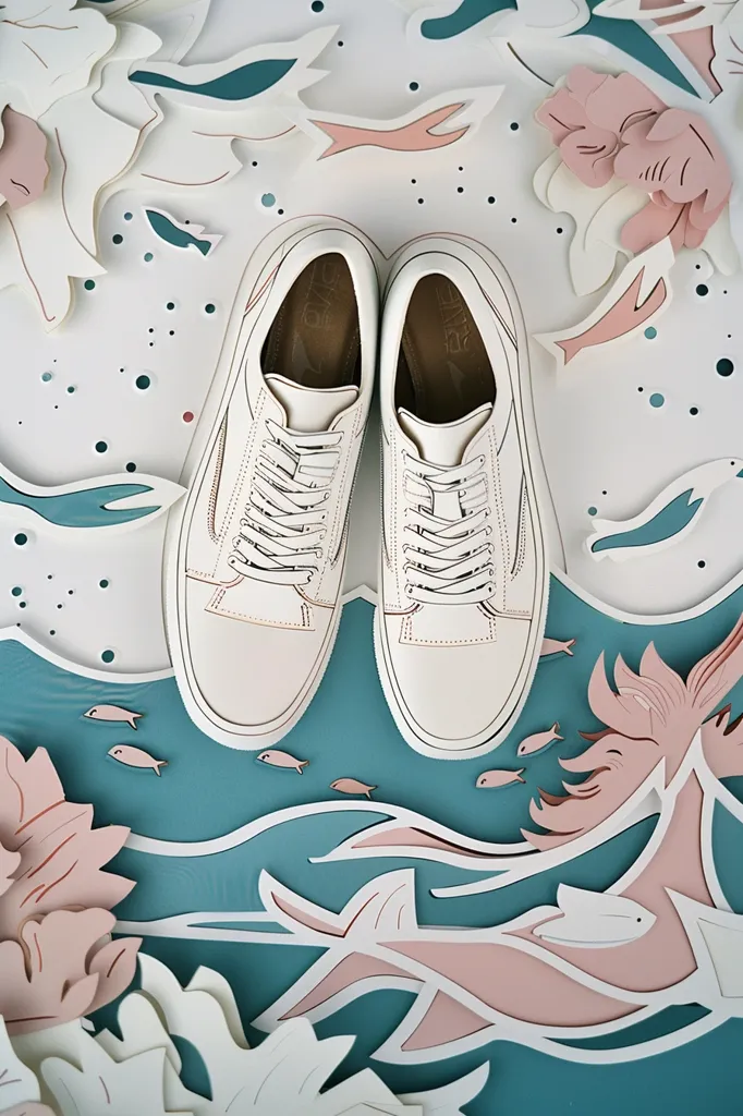 A pair of white leather Vans sneakers sit on a blue background surrounded by paper cutouts of sea creatures, flowers and waves. The sneakers are clean and new with the Vans logo visible on the tongue. The paper cutouts are delicate and detailed, creating a whimsical and playful scene.