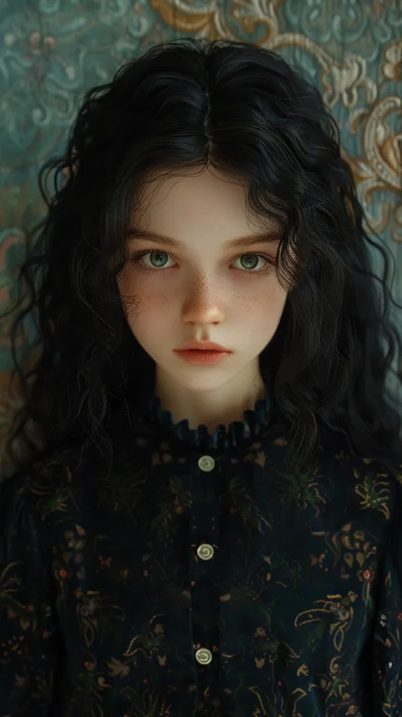 A young woman with long, dark, curly hair stares intently at the camera. Her skin is pale and freckled, and her green eyes are framed by long, dark eyelashes. She is wearing a dark, floral-patterned blouse with several buttons. The background is a blurry, patterned wall. The image is a portrait of a young woman, likely intended to be artistic or evocative.