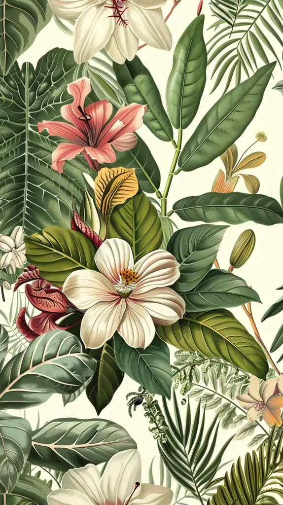 A vibrant, tropical illustration bursting with color. Lush green leaves create a backdrop for large, white flowers with delicate pink centers, pink flowers with yellow accents, and smaller yellow flowers. The intricate details and vibrant hues create a sense of abundance and beauty.