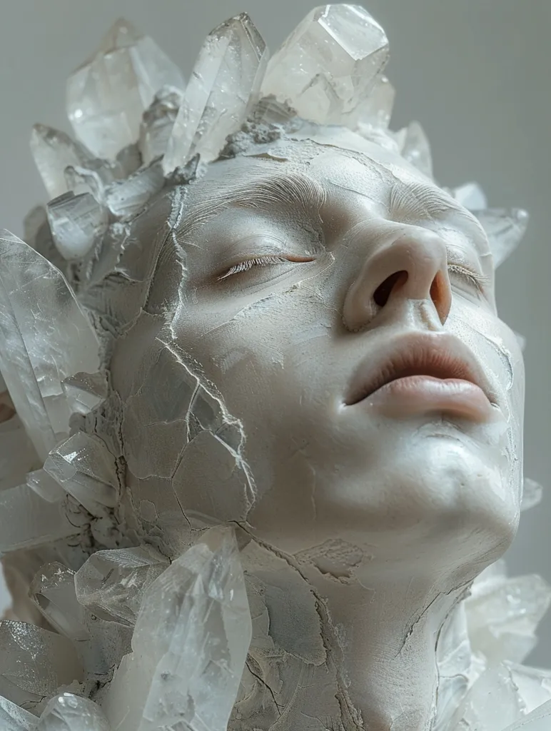 The image features a person with their eyes closed, their face covered in a white substance that resembles cracked plaster. A crown of large, clear quartz crystals sits atop their head, some of which appear to be embedded in the plaster. The image has a surreal and ethereal quality, suggesting a connection to nature and the mineral world. The person's calm expression and the stark white color palette evoke a sense of tranquility and stillness.