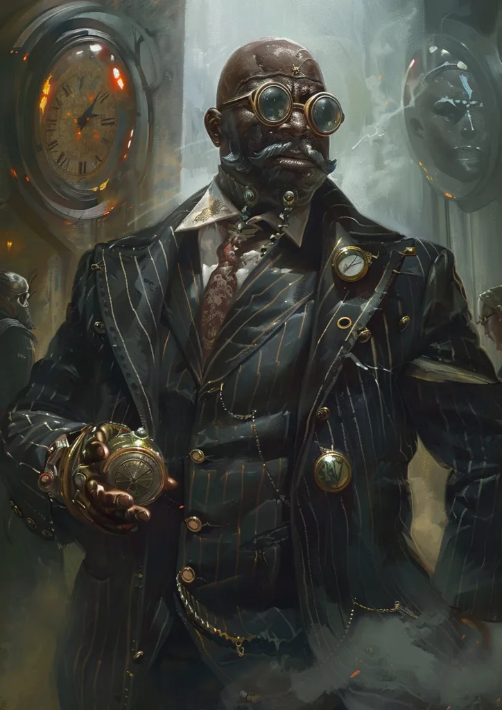 A man with dark skin, a thick mustache, and round goggles, wears a pinstripe suit and holds a steampunk-style watch.  He is standing in a shadowy room with a large clock face behind him. His clothing is adorned with intricate details and various pocket watches, suggesting a time-conscious and possibly wealthy individual. The overall ambiance is steampunk, evoking a sense of industrial innovation and a fascination with time.