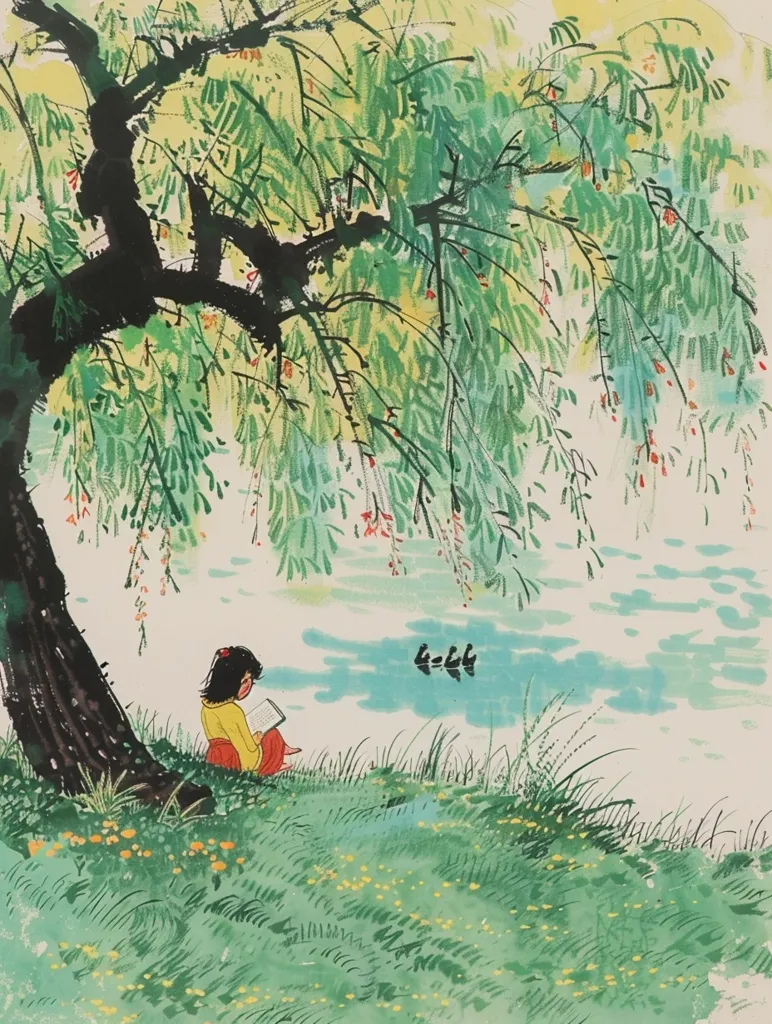 A young girl sits under a weeping willow tree by a lake, reading a book.  The tree's branches drape over the water, and a few ducks swim in the distance. The scene is painted in a watercolor style, with soft, brushstrokes and a light and airy feel.