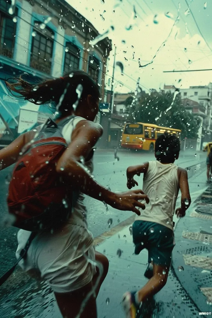 A woman with a red backpack runs through a rainy street, her hand outstretched toward a younger boy running in front of her.  Rain falls in sheets, and a yellow bus drives by in the background.  The image is captured through a wet windshield, creating a blurry, dreamlike effect.  The scene is full of movement and energy, conveying a sense of joyful freedom in the midst of a downpour.