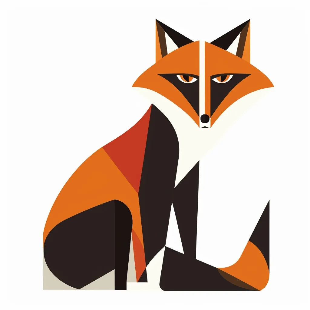 The image is a geometric representation of a fox. The fox is sitting with its tail curled around its body. It is made up of simple shapes, with a predominantly orange and black colour scheme. The fox's eyes are wide and alert, giving it a somewhat predatory look. The overall effect is a minimalist and stylized depiction of the animal.