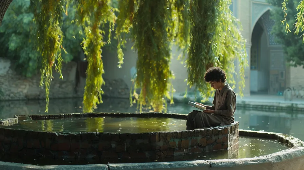 A young boy sits on a brick wall next to a pond, engrossed in a book. Lush green willow branches drape over the water, creating a peaceful and secluded setting. The boy's posture suggests deep concentration as he immerses himself in the pages. The scene evokes a sense of tranquility and the joy of reading.
