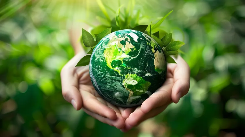 A pair of hands cradle a green globe, surrounded by lush foliage, symbolizing the importance of protecting our planet and its natural resources. The image evokes a sense of responsibility and care for the environment.