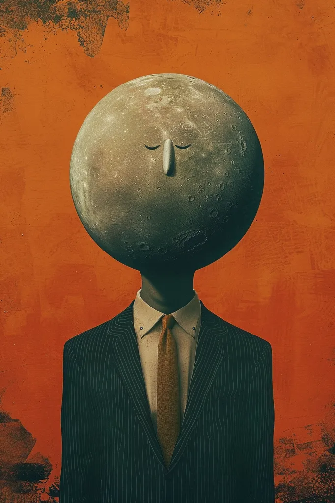 A surreal image depicting a man with a moon for a head. The moon has a pair of closed eyes and a small, pointed nose. The man is wearing a dark suit with a white shirt and a brown tie. The background is a textured orange wall. The image is both humorous and unsettling.