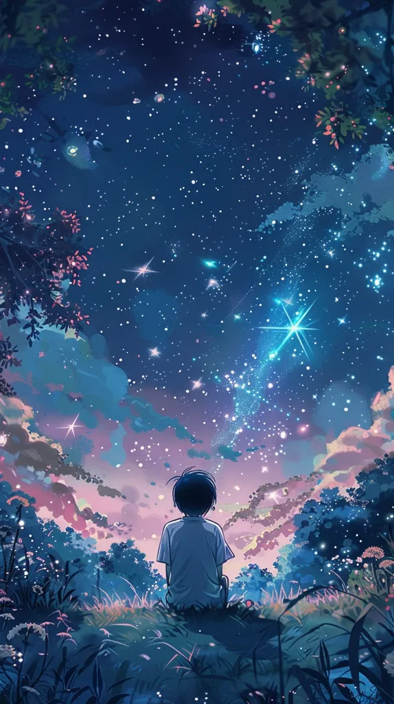 A lone figure sits in a field, gazing up at a mesmerizing night sky. A dazzling shooting star streaks across the canvas, leaving a trail of shimmering dust. The sky is awash with countless stars, twinkling like diamonds scattered across a velvet cloth. The scene evokes a sense of peace, wonder, and the vastness of the universe.