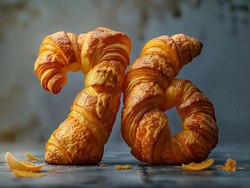 Two croissants are arranged to form the number 76. The croissants are a golden brown color and have a flaky texture. They are positioned on a dark, textured surface, with a few small, golden crumbs scattered around them. The background is a blurry gray, providing a simple and elegant backdrop for the croissants. The image is a playful and creative representation of the number 76.