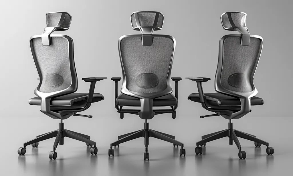 Three identical office chairs with black mesh backs and seats are arranged in a row, facing forward, against a plain gray background. The chairs feature adjustable headrests and armrests, and five-star bases with caster wheels. The sleek design and modern aesthetic of the chairs are highlighted in this simple yet effective composition.