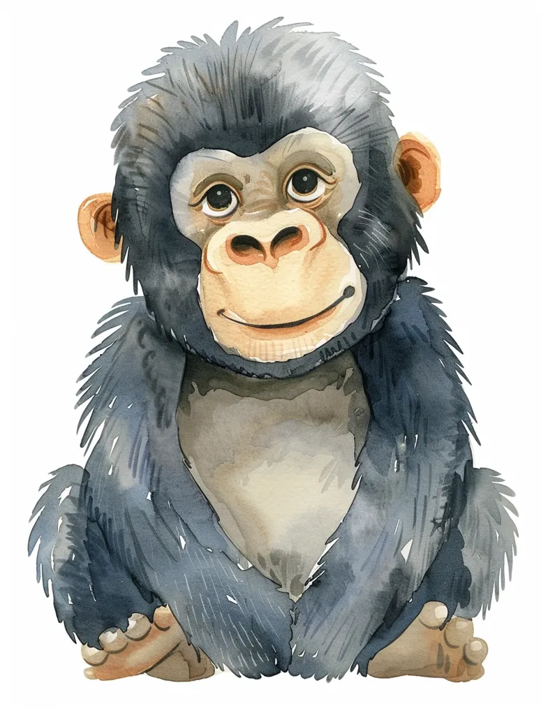 A watercolor illustration of a baby gorilla sitting with its arms crossed. The gorilla has large, expressive eyes, a wide, toothy smile, and black fur. The illustration is done in a cartoonish style with soft, muted colors. The gorilla is facing the viewer.  The background is plain white.