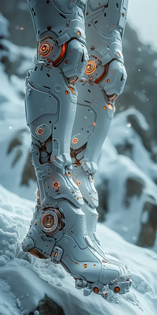 The image shows a close-up of a futuristic robot's leg. The leg is made of white, metallic material and features a complex system of gears, panels, and lights. The robot is standing on a snowy surface, with the light reflecting off the white exterior. The leg's intricate design and futuristic aesthetic suggest a highly advanced technological creation.