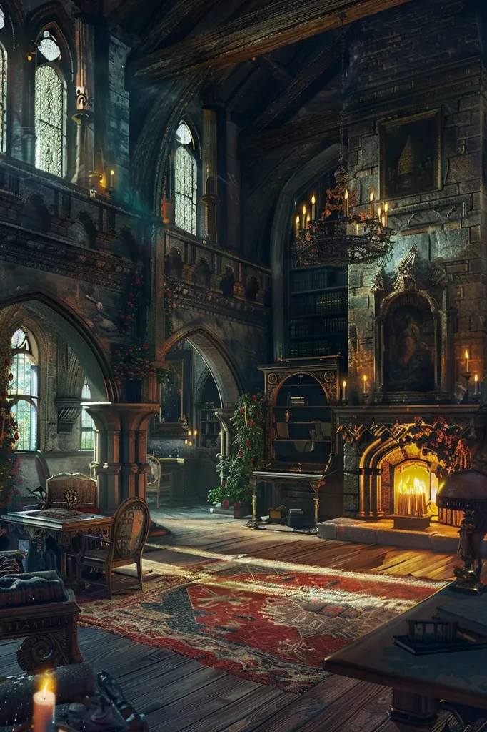 The image shows a grand, old room with high ceilings and stone walls. The room is furnished with antique furniture and has a fireplace with a roaring fire. There is a large chandelier hanging from the ceiling and several candles are lit.  The room has a warm and inviting atmosphere. There is a bookshelf filled with books, suggesting a study or library. The room is decorated with rich, warm colors and textures.  The overall impression is one of grandeur, history, and luxury.