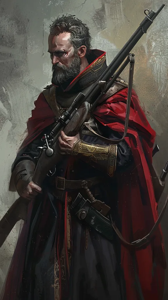 A man with a long beard and a serious expression holds a large rifle in his hands. He wears a red cloak over a dark outfit with gold trim. His face is weathered, suggesting a life of hardship. The background is a blurry, textured gray, making him the focal point of the image. The composition gives a sense of power and determination.
