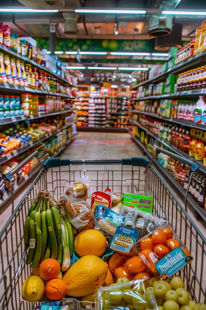 A grocery store aisle with shelves stocked with various products, with a shopping cart in the foreground filled with fresh fruits and vegetables, including bananas, oranges, lemons, grapes, and other produce. The cart is situated in the middle of the aisle, creating a sense of movement and activity in the supermarket environment. The image captures the vibrant colors and textures of a busy grocery store.
