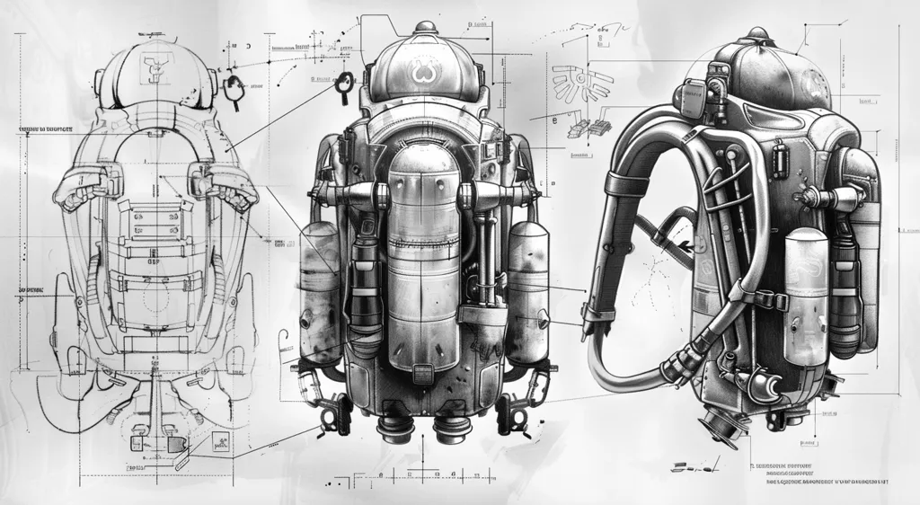 The image shows a technical drawing of a futuristic backpack. It is sketched in grayscale and has intricate details, with annotations and dimensions. The backpack features a rounded helmet with a large central cylinder and two side cylinders, suggesting it is some kind of powered exoskeleton or life support system. There are multiple tubes, straps, and attachments, hinting at its complex functionality. The drawing is likely for design or engineering purposes.
