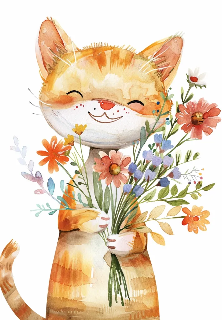 A cute, orange tabby cat is depicted in a watercolor style. The cat is holding a large bouquet of colorful flowers. The cat has a sweet smile on its face and its tail is curled around its legs. The background is a simple white, allowing the cat and the flowers to be the center of attention. The painting captures the playful and loving nature of cats.