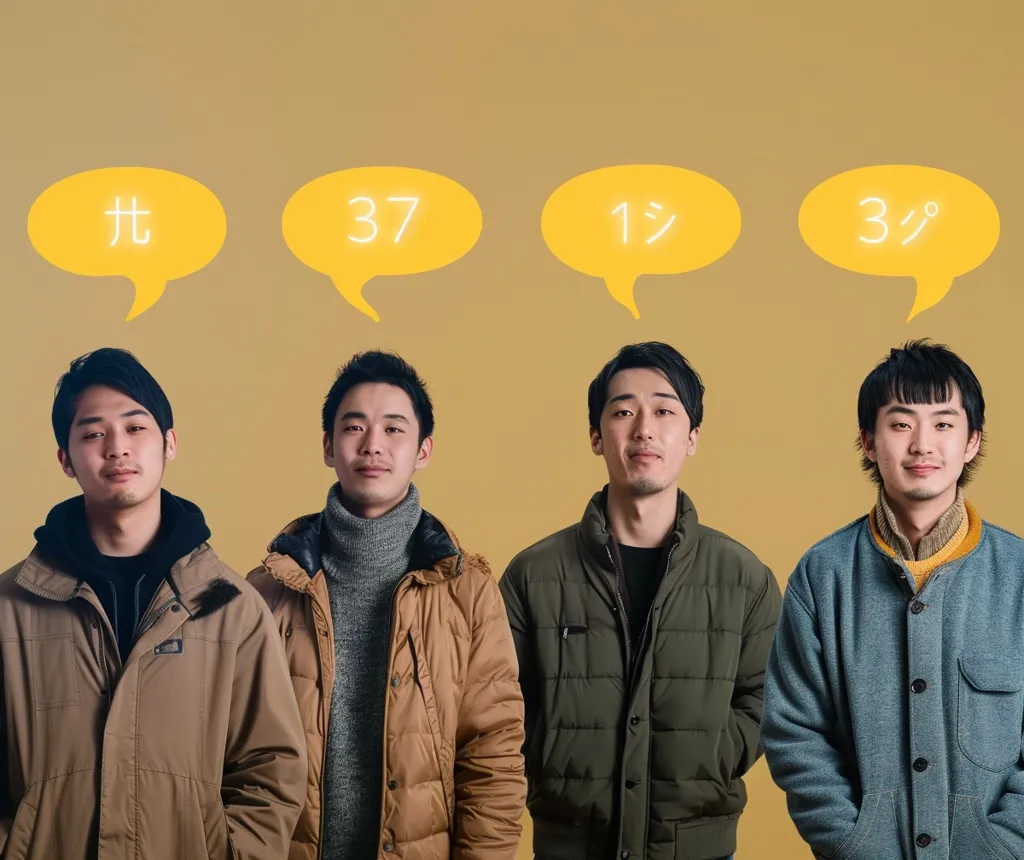 Four young men stand in front of a yellow background, each with a speech bubble above their heads containing numbers and Japanese characters. They are all wearing casual winter jackets. The men have serious expressions on their faces and are looking directly at the camera. The image has a simple, clean aesthetic.