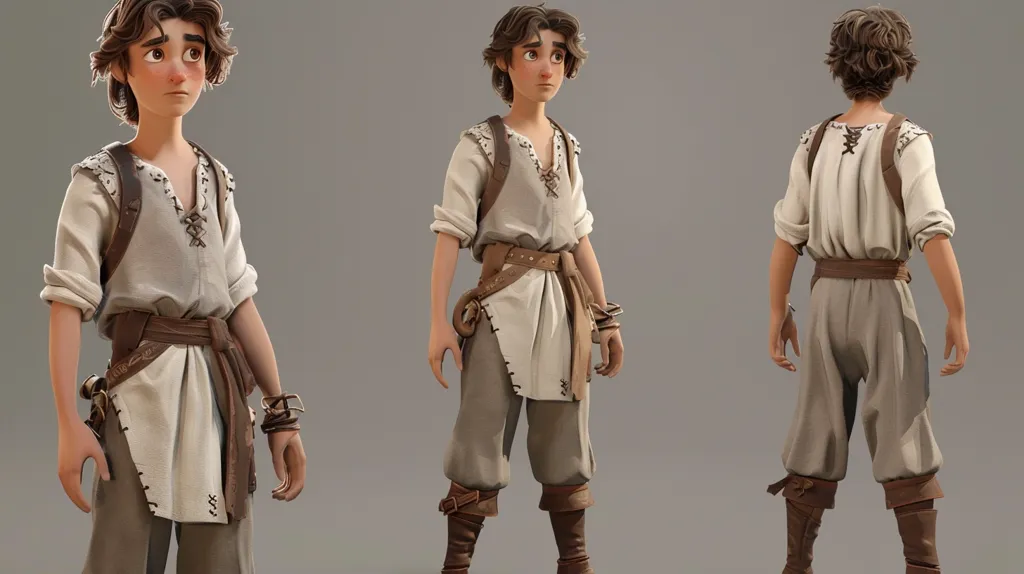 A 3D rendered image of a young man with brown hair and eyes, wearing a white tunic, brown pants, and leather boots. He is depicted from three different angles. He is wearing leather belts, bracelets, and a satchel. The image is created in a realistic style, and the character looks young and adventurous.