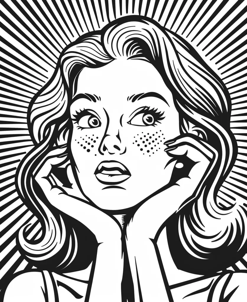 The image is a black and white illustration of a woman with long hair, big eyes, and freckles. She is looking up with her mouth slightly open, as if she is surprised or shocked. She is holding her hands up to her face, as if she is trying to cover her ears or her face. The background of the image is a radial pattern of black lines that creates the illusion of a spotlight shining on her. The overall style of the image is reminiscent of vintage comic book art.