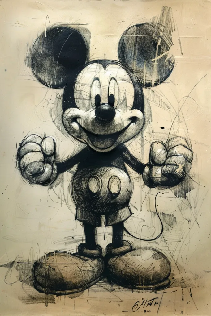 A black and white sketch of Mickey Mouse standing with his arms outstretched. The sketch has a textured appearance with many visible pencil strokes. The background is a pale, beige color. Mickey Mouse appears to be smiling with his signature large, round ears.  The drawing is somewhat abstract and stylized.
