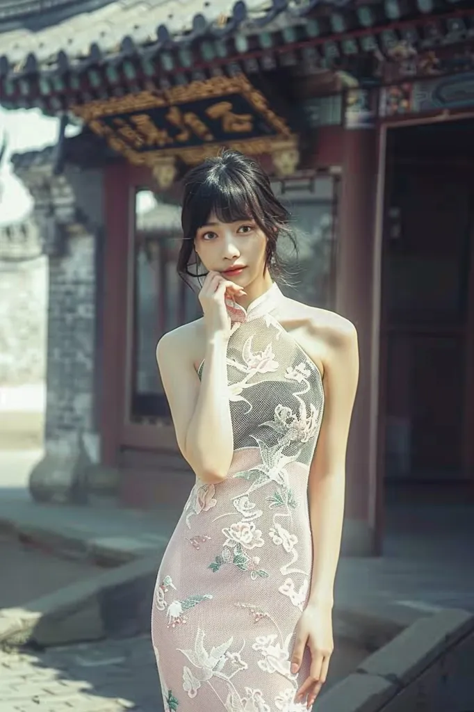 A young woman with long black hair and bangs stands in front of an old building. She is wearing a pink and white, halter-style dress with floral embroidery. The dress is tight-fitting and shows off her slender figure. She has a hand resting on her chin and her eyes look directly at the camera. The building behind her appears to be a traditional Chinese structure with wooden beams and ornate details.  The image evokes a sense of elegance and tradition.