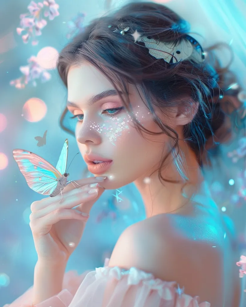 A young woman with long dark hair, adorned with a delicate headband, gazes softly at a butterfly perched on her finger. Her skin glows with a pearlescent sheen, and the surrounding atmosphere is filled with soft, ethereal light.  The image evokes a sense of innocence and wonder, capturing the beauty of a magical moment.