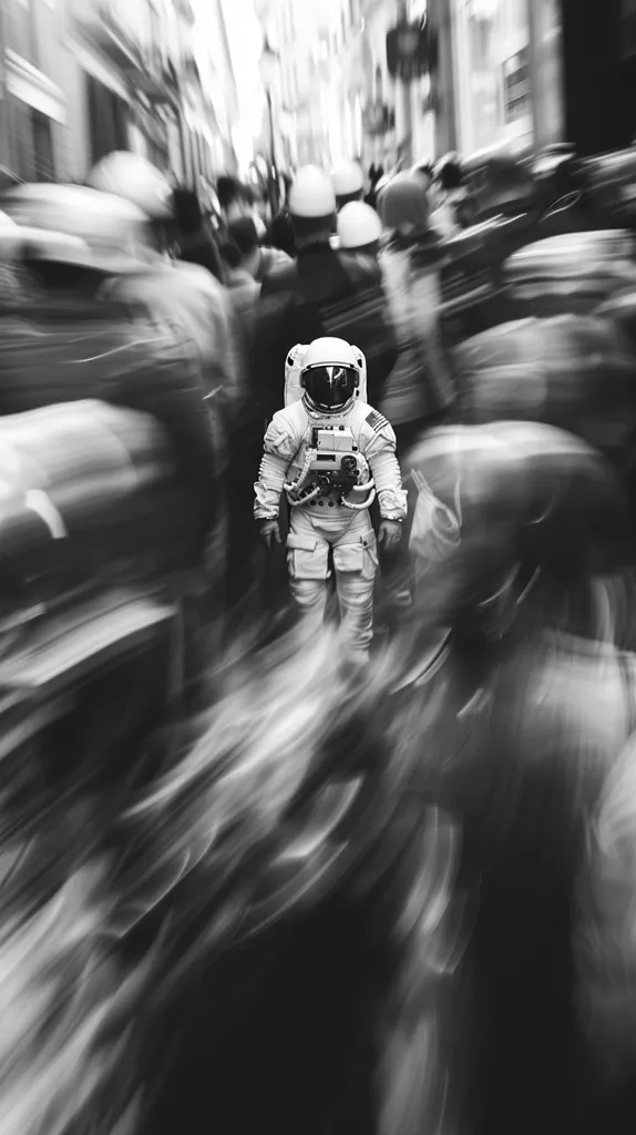 A lone astronaut stands amidst a blurred crowd, appearing out of place in their white space suit. The photograph is in black and white, emphasizing the stark contrast between the astronaut's crisp, clear form and the indistinct figures around them.  The city background is also blurred, adding to the surreal and otherworldly feel.  The composition creates a sense of isolation and mystery, leaving the viewer to wonder about the astronaut's journey and destination.