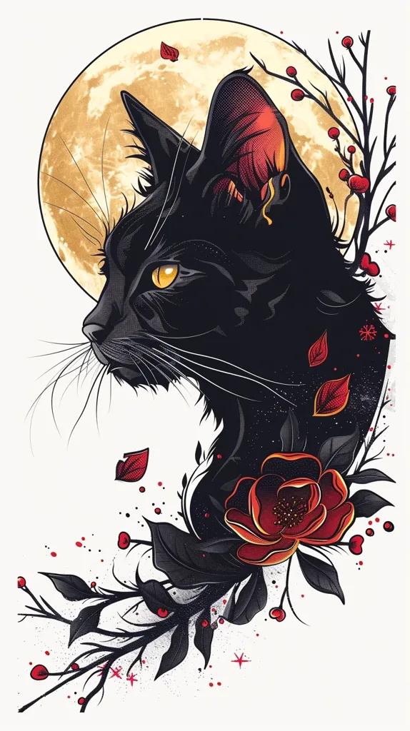 A black cat with bright yellow eyes is depicted in profile against a crescent moon, surrounded by a black and red floral design. The cat has a sleek, sharp silhouette, creating a dramatic contrast against the soft, pale moon. The red flowers and leaves add a touch of color and whimsy to the overall image.
