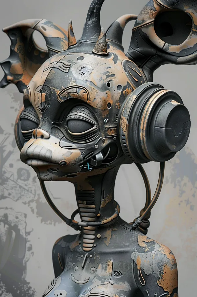 The image shows a close-up of a robotic figure, likely a sculpture. The figure is predominantly black and gray, with rust-colored accents that give it a weathered, post-apocalyptic aesthetic. It has a large, expressive head with oversized ears and eyes, suggesting a humanoid form.  Its head is adorned with various mechanical parts and a large headphone-like structure on one side.  The figure's neck is a series of mechanical rings, and its body is covered in textured, weathered panels. The background is a soft, blurred gray.