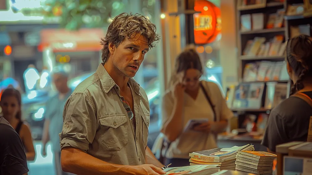 The image shows a man, likely Tom Cruise, standing in a bookstore. He's wearing a light-colored shirt and looking at something with a serious expression. He's surrounded by a variety of people, including a woman who is sitting nearby, and a blurred background of bookshelves filled with books. The image captures a moment of casual interaction within a bookstore environment.