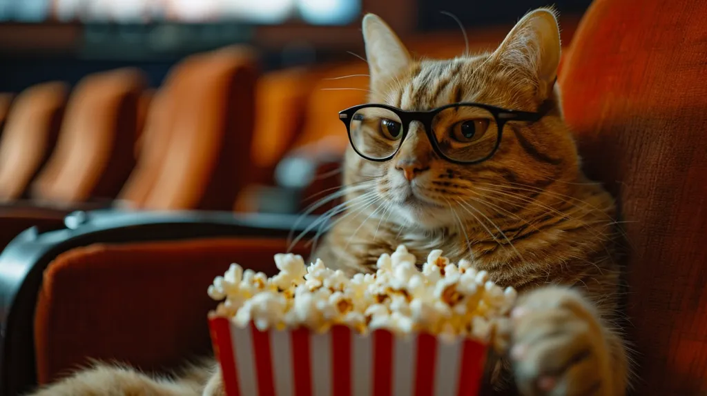 A cat wearing glasses is sitting in a movie theater seat. It's looking at the screen with a serious expression, and a bucket of popcorn sits in front of it. The seats in the theater are orange and the cat's fur is brown and orange. The scene is humorous, showing a cat enjoying a movie like a human.