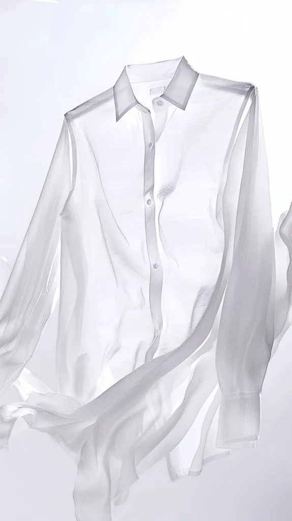 The image shows a white, sheer button-down shirt. The fabric is gathered and billowing, creating a soft and ethereal effect. The shirt appears to be floating in the air, creating a sense of lightness and movement. The background is a simple white, highlighting the delicate details of the shirt.  The image captures the elegance and simplicity of a classic piece of clothing.