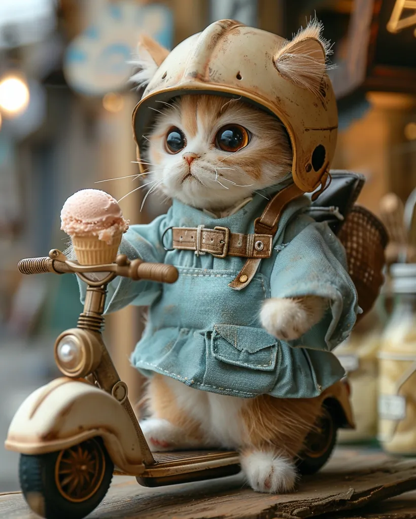 A cute cat wearing a helmet and denim jacket is riding a miniature scooter. The cat is holding a cone of ice cream and has a serious expression on its face. The scooter is vintage-style and has a worn-out look. The background is blurry, suggesting a cozy and warm setting. The image captures the adorable and unexpected charm of a cat enjoying a leisurely ride.