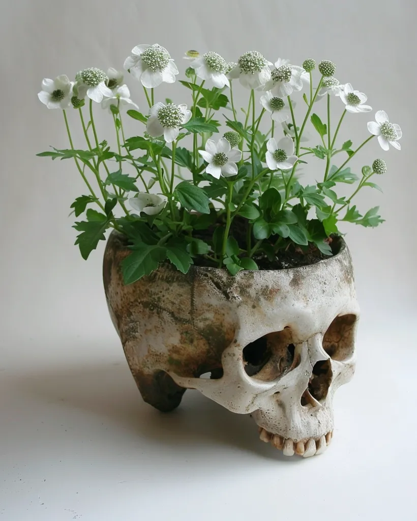 A skull planter, crafted from bone-white ceramic, holds a vibrant cluster of white flowers with delicate green foliage. The skull's detailed features, including eye sockets and teeth, are visible, creating a striking contrast against the delicate beauty of the blossoms. The planter rests on a white surface, suggesting a contemplative atmosphere.