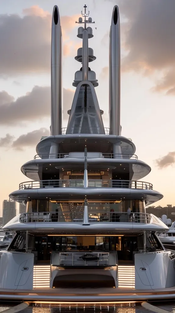 A sleek, modern yacht with a unique, angular design. The yacht features multiple decks with balconies and large windows.  The tall, slender masts are topped with antennas and a distinctive, pointed structure, giving the vessel a futuristic aesthetic.  The yacht is docked in a harbor, with a calm water surface reflecting the soft light of the sky.  The image captures a sense of luxury, power, and modern design.