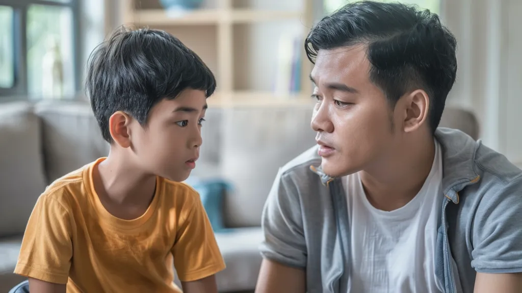 A young boy, wearing a yellow shirt, looks intently at the man sitting beside him. The man, wearing a gray sweater over a white shirt, has a serious expression as he looks down at the boy. The background is blurred, with only a glimpse of a couch and a shelf behind them. The scene suggests a moment of intense conversation or perhaps a reprimand.