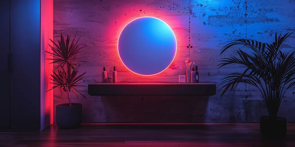 A minimalist bathroom with a round mirror illuminated by a neon pink ring. The walls are rough concrete, painted a dark blue on the right side and pink on the left. Two potted plants flank the vanity, and a thin shelf sits below the mirror, holding bottles and a candle. The room is bathed in a cool blue and warm pink light, creating a dramatic and modern atmosphere.