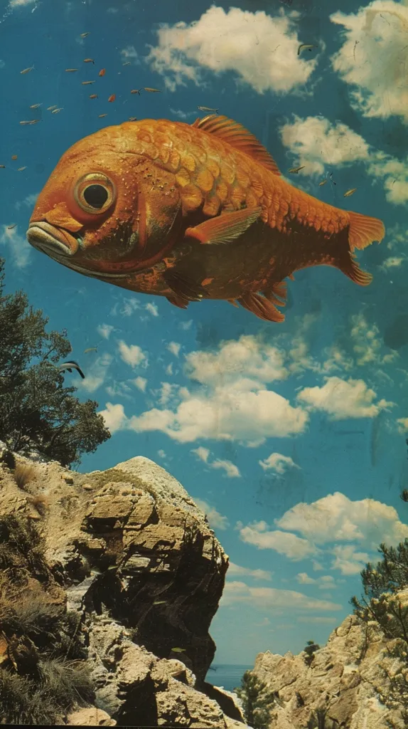 A large, orange fish with bulging eyes flies through a clear blue sky, dotted with white fluffy clouds. The fish is positioned upside down with its tail pointing towards the ground. In the foreground, there are craggy, rocky cliffs, possibly a cliff face or a canyon.  The image has a surreal, whimsical, and dreamlike quality.
