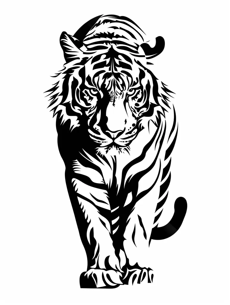 The image is a black and white illustration of a tiger. The tiger is facing forward, with its head held high and its eyes narrowed. Its stripes are clearly defined, and its body is muscular. The tiger is depicted in a predatory stance, with its paws poised to strike. The image is striking in its simplicity, and it captures the power and beauty of this magnificent animal.