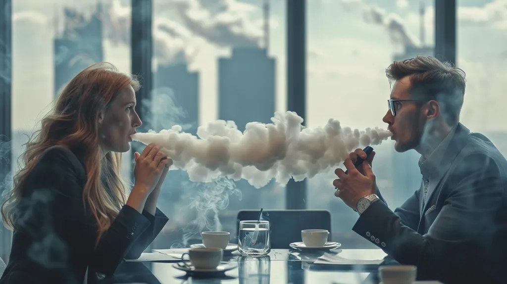 A man and a woman sit at a table, facing away from each other. Both are exhaling large clouds of vapor from electronic cigarettes, which are connected by a plume of vapor in the air between them. The scene is set in a modern office building with large windows overlooking the city.  The couple is dressed in business attire, creating a contrast between their professional appearance and the unconventional activity.