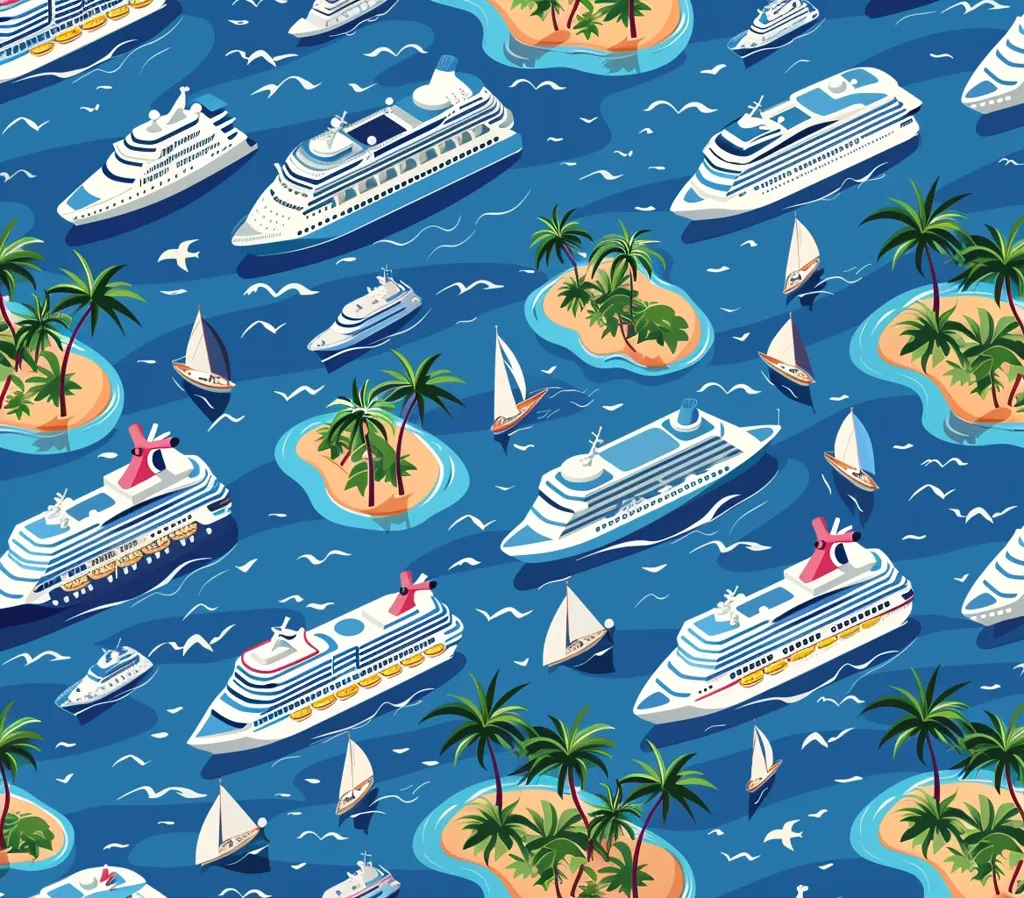This image is a colorful, repeating pattern featuring numerous cruise ships, small sailboats, and palm tree-covered islands in a blue, tropical ocean. The isometric perspective creates a playful and energetic feel, with the ships and islands seemingly floating on the waves.  The design suggests a carefree and enjoyable vacation experience.