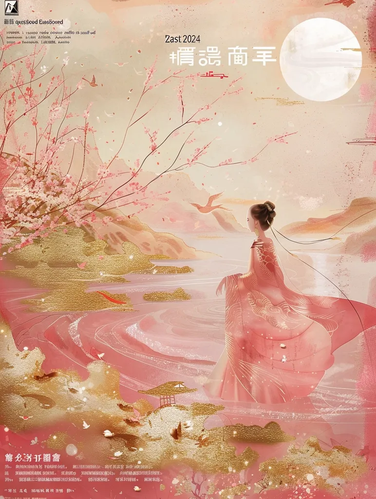 The image is a pastel-colored illustration with a woman in a flowing pink dress standing on a body of water. The water appears to be flowing in a swirling motion and the background is a hazy, pink and orange landscape.  The woman is looking off to the side, and there is a large, white circle in the upper right corner of the image.  There are also pink flowers and birds scattered throughout the image.  The image has a dreamlike quality and a sense of peacefulness.  The Chinese characters on the image are a title, "Zast 2024," which could be for an event, a book, or other cultural or artistic work.