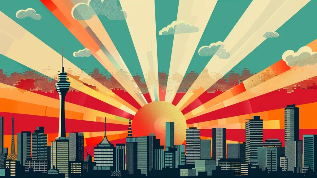 The image depicts a stylized cityscape with a prominent tower at the center. The background is a vibrant sunrise with radiating rays of color in orange, red, and yellow hues. The sky above is a muted teal with clouds, giving the scene a retro, almost vintage aesthetic. The buildings are depicted in a minimalist, blocky style, adding to the overall sense of simplicity and nostalgia.