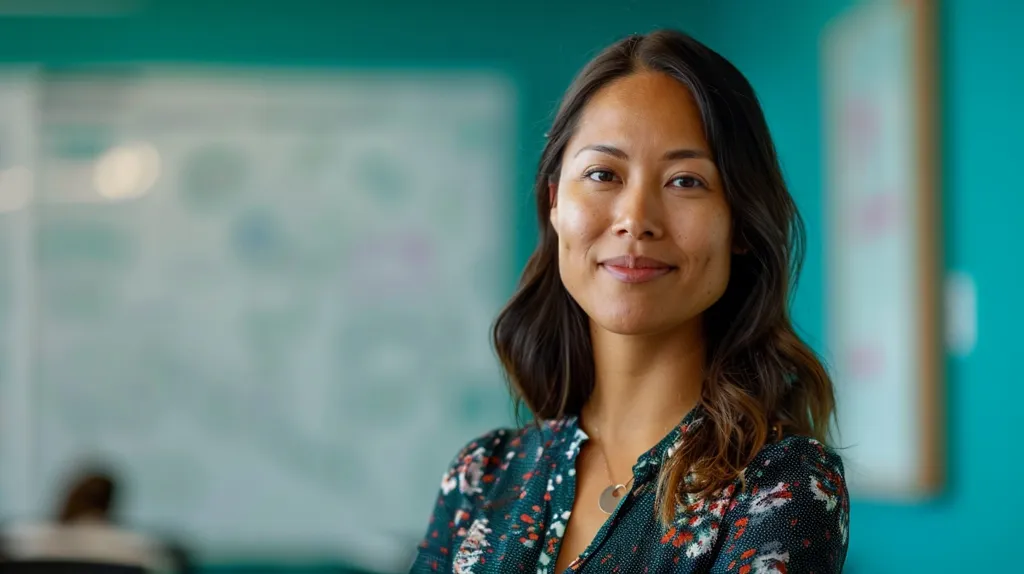 A woman with long dark hair is smiling at the camera. She is wearing a floral blouse and standing in front of a whiteboard in a teal colored office. The woman has a kind expression and appears confident and professional. The background is out of focus, drawing attention to the woman's face.